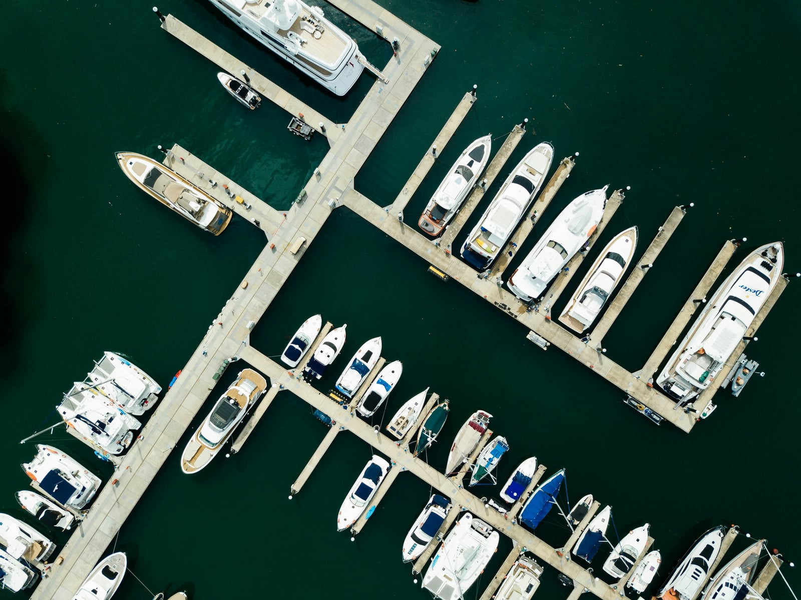 Aerial view of marina piers with boats